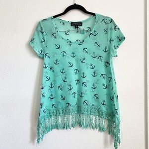 Teal & Navy blue anchor print blouse